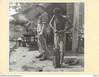 TOROKINA, BOUGAINVILLE ISLAND. 1945-01-17. NX130793 CORPORAL G.D. ROBERTS, 19TH MALARIAL CONTROL UNIT DEMONSTRATING ONE OF THE SPRAYS USED BY HIS UNIT AND THE 2/1ST AUSTRALIAN MALARIAL CONTROL UNIT ..