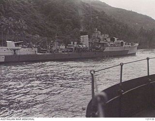 MILNE BAY, NEW GUINEA. 1945-07-02. HMAS NAPIER PHOTOGRAPHED FROM HMAS NEPAL. THE AUSTRALIAN DESTROYERS WERE PART OF THE BRITISH FLEET EN ROUTE TO OPERATIONS OFF JAPAN. (PHOTOGRAPHER CAPTAIN J. C. ..