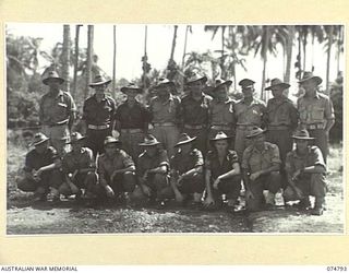 Portrait of the NCO's of the 165th General Transport Company. Identified, left to right, back row: Sergeant (Sgt) R G Smithers (Workshop Platoon) (Wksp Pl), Sgt Colbourne (Headquarters Company), ..