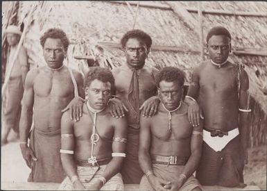 Five Bugotu men at Mara-na-tabu, Solomon Islands, 1906 / J.W. Beattie