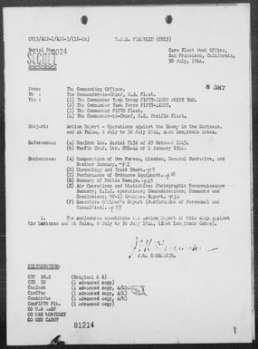 USS FRANKLIN - Report of Operations Against the Enemy in the Marianas and at Palau-Period 7/6-30/44