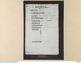 LAE AREA, NEW GUINEA, 1945-08-03. A "PIDGIN" ENGLISH CHART USED FOR THE INSTRUCTION OF NATIVE REGIMENTAL AID POST ORDERLIES. THE PHOTOGRAPH WAS MADE AT THE REQUEST OF HEADQUARTERS AUSTRALIAN NEW ..