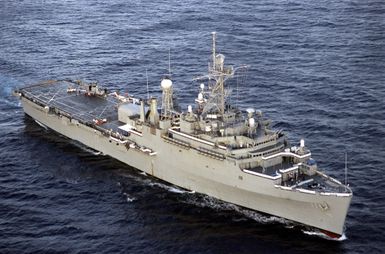 Starboard bow view of the auxiliary command ship USS CORONADO (AGF-11) as she returns to Hawaii at the end of exercise RIMPAC '98