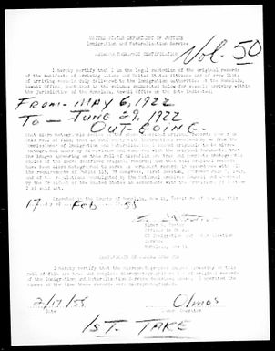 Volume 50: Immigration Service Forms, May 6, 1922 - June 29, 1922