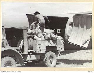 WAU AIRSTRIP, NEW GUINEA. 1945-10-17. MEMBERS OF 5 INDEPENDENT FARM PLATOON LOADING VEGETABLES INTO A DOUGLAS C47 DAKOTA AIRCRAFT. THE ROAD TO LAE IS OFTEN BLOCKED BY LANDSLIDES SO VEGETABLES ARE ..