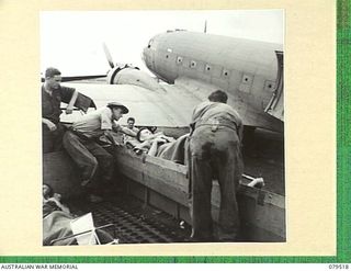 LAE, NEW GUINEA. 1943-11. PERSONNEL OF THE 10TH FIELD AMBUALANCE LIFTING PATIENTS FROM AN AMPHIBIOUS ARMY DUKW INTO AN AIRCRAFT FOR EVACUATION TO THE MAINLAND. THESE PATIENTS WERE BROUGHT TO THE ..