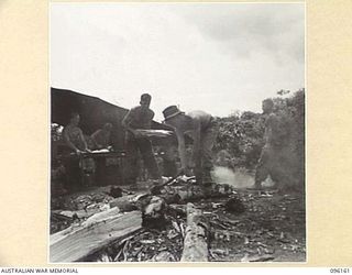 BRANDI, NEW GUINEA, 1945-09-07. PRIVATE C.L. BOLE (1) AND PRIVATE G.G. CAPPIELLO (2), MEMBERS OF 35 INFANTRY BATTALION, WORKING ON THE WOOD HEAP IN THE COOKHOUSE AREA