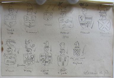 ["Coleraine church yard; [shields of:] Todd, 1736; Rammaye ?; Wilson; Patrick, 1733; Stewart; church-…; church; 3 estalius, Wiety; Cuppage, 1714; Galt, 3 garbe; Esse guam videre, Neyland", "coat of armes from various Tombstones at various old churches in the counties of Derry and Tyrone (Dungiven, Coleraine, Donaghenry)", "coat of armes from various Tombstones at various old churches in the counties of Derry and Tyrone (Dungiven, Coleraine, Donaghenry)"]