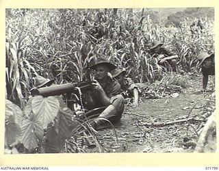 LAKONA, NEW GUINEA, 1944-03-29. A VICKERS MACHINE GUN SUBSECTION IN ACTION DURING TRAINING EXERCISES AT THE 30TH INFANTRY BATTALION. IDENTIFIED PERSONNEL ARE: NX124533 PRIVATE (PTE) D. M. MCMILLEN ..