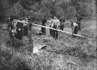 BOUGAINVILLE ISLAND. 1945-01-18. PERSONNEL OF THE 47TH INFANTRY BATTALION RAISING A NEW FLAGPOLE WITH AN AUSTRALIAN FLAG ATTACHED AFTER THE SUCCESSFUL AUSTRALIAN ASSAULT ON THE JAPANESE STRONGHOLD ..