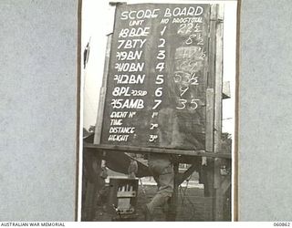 NEW GUINEA. 1943-11-20. THE SCOREBOARD AT THE CONCLUSION OF THE CHAMPIONSHIP SPORTS MEETING ORGANISED BY THE 18TH AUSTRALIAN INFANTRY BRIGADE TO CELEBRATE THE FOURTH ANNIVERSARY OF THE FORMATION OF ..