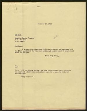 [Letter from I. H. Kempner to Hawaiian Exotic Flowers, December 10, 1955]