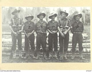 SIAR, NEW GUINEA. 1944-06-23. WARRANT OFFICERS AND SERGEANTS OF D COMPANY, 57/60TH INFANTRY BATTALION. THEY ARE:- VX108711 SERGEANT S.A. PROWSE (1); VX108686 SERGEANT A.R. GUENTHER (2); VX84582 ..