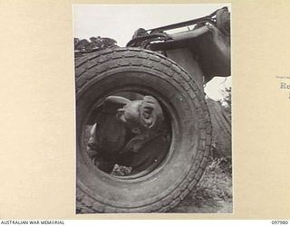 WEWAK AREA, NEW GUINEA. 1945-10-13. SERGEANT T. NISBET, 3 MOBILE TYRE WORKSHOP SECTION, INSPECTING A TYRE ON AN 8 DIVISION TRUCK FOUND IN THE AREA