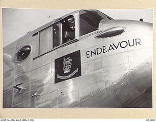 TOROKINA, BOUGAINVILLE, 1945-07-05. A CLOSE-UP OF THE VICE-REGAL CREST ON THE ENDEAVOUR, AN AVRO YORK AIRCRAFT, USED BY HIS ROYAL HIGHNESS THE DUKE OF GLOUCESTER, GOVERNOR-GENERAL OF AUSTRALIA