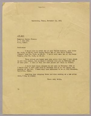 [Letter from I. H. Kempner to Hawaiian Exotic Flowers, November 12, 1954]