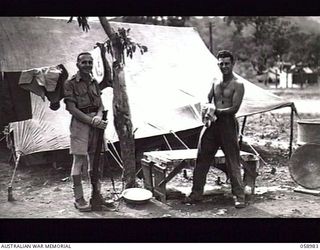 NEW GUINEA. 1943-10. TX1716 SERGEANT (SGT) F. R. MUSSON (LEFT), CLERK AND SX13471 SGT G. R. MAINWARING, ARTIST OF AUSTRALIAN MILITARY HISTORY SUBSECTION, ATTACHED TO HEADQUARTERS, NEW GUINEA FORCE, ..