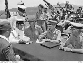 AT SEA OFF RABAUL, NEW BRITAIN. 1945-09-04. PRE- SURRENDER DISCUSSIONS ABOARD HMAS VENDETTA AT A SEA RENDEZVOUS OFF RABAUL BETWEEN REPRESENTATIVES OF LIEUTENANT GENERAL V.A.H. STURDEE, GENERAL ..