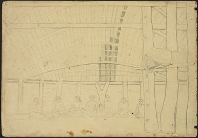 [Turnbull, Henry Hume] d 1858 :[Interior of a large Samoan meeting house, with a group of chiefs seated in a line at a meeting, 1849]