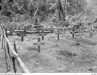 BOUGAINVILLE. 1945-04-27. TEMPORARY WAR CEMETERY, TOKO. BATTLE CASUALTIES FROM THE ACTION IN SOUTH BOUGAINVILLE WHICH WILL LATER BE INTERRED IN THE TOROKINA CEMETERY