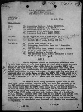 USS Dickerson - Rep of ops with Underwater Demolition Team #3 in the invasion of Guam Is, Marianas 7/14-28/44