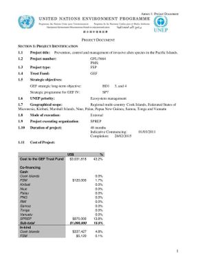 GEF PAS Project Document - Prevention, Control and management of Invasive Alien Species in the Pacific Islands.