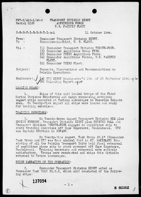 COMTASK-UNIT 32.3.3 - Comments, observations and reccomendations on opers in the invasion of Peleliu Island, Palau Islands, 9/15-22/44