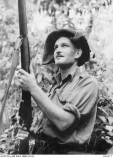 1943-01-25. PAPUA. NEARING THE END OF THE PAPUAN CAMPAIGN AGAINST JAPAN. NX14359 LIEUTENANT J. M. DONALDSON OF SYDNEY, MEMBER OF 2/7TH CAVALRY REGIMENT, WHO SHOT DOWN SEVEN SNIPERS FROM TREES AT ..