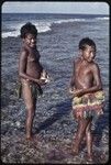 Girls walk in shallow water near edge of coral reef, girl (l) holds a small puffer fish near Wawela village