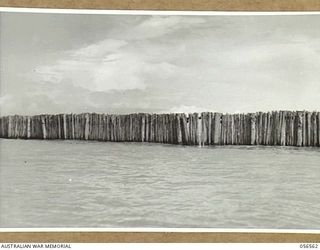 MIRAVASI, NEW GUINEA, 1943-09-07. CLOSE UP OF GROYNE BUILT BY THE 2/4TH AUSTRALIAN FIELD SQUADRON, ROYAL AUSTRALIAN ENGINEERS, IN ORDER TO DIVERT THE FLOW OF THE LAKEKAMU RIVER