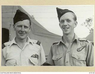 1943-06-26. NEW GUINEA. AUSTRALIAN BEAUFIGHTER CREWS. F/LT. A.A. THOMSON OF GLADSTONE, SOUTH AUST. (PILOT) AND P.O. P.J. WHITE OF ASHGROVE, QUEENSLAND (NAVIGATOR). (NEGATIVE BY N. BROWN)