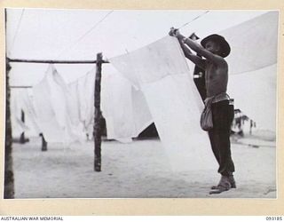 BOUGAINVILLE, 1945-06-18. PTE E.H. TIER HANGING OUT HOSPITAL LAUNDRY AT 109 CASUALTY CLEARING STATION