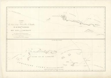Carte contenant les parties de la Nouvelle Irlande, de la Nouvle Hanovre et des Iles de l'Amirauté : reconnues par le Contre Amiral Bruny-Bentrecasteaux, depuis le 26 juillet 1792 jusqu 'au 1er aout de la meme année / levée et dressée par C.F. Beautemps-Beaupré Ingénieur-Hydrographe