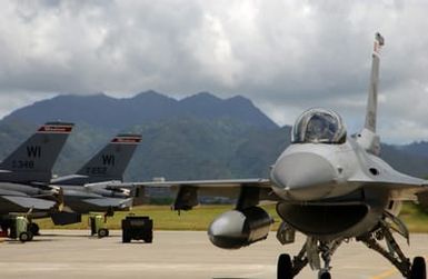 Wisconsin Air National Guard (WIANG) Major (MAJ) Matthew McCunn, F-16C Fighting Falcon fighter aircraft, 115th Fighter Wing (FW), Truax Field, Madison, Wisconsin (WI), taxies in on the flight line after landing at Hickam Air Force Base (AFB), Hawaii (HI), while participating in Exercise Sentry Aloha, which is a perennial exercise that enables the Hawaii Air National Guard (HIANG) to train with their counterparts from the continental United States