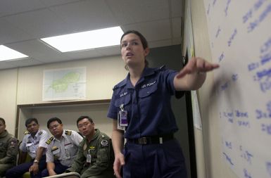 FLGOFF (Flying Officer) Melissa Dalby, 86th Wing (WG), Royal Australian Air Force, presents data for a new scenario to the squadron leaders of different countries during PACIFIC AIRLIFT RALLY 2001. PACIFIC AIRLIFT RALLY (PAR) is a PACAF-sponsored military airlift symposium for countries in the pacific region. PAR is held every two years and is hosted by a pacific nation. This year Andersen AFB, Guam is the host nation. The symposium includes informational seminars with area of expertise briefings, a command post exercise (CPX) which addresses military airlift support to a humanitarian airlift/disaster relief scenario, and a concurrent flying training program that builds upon the CPX scenario