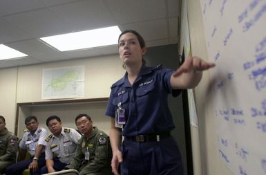 FLGOFF (Flying Officer) Melissa Dalby, 86th Wing (WG), Royal Australian Air Force, presents data for a new scenario to the squadron leaders of different countries during PACIFIC AIRLIFT RALLY 2001. PACIFIC AIRLIFT RALLY (PAR) is a PACAF-sponsored military airlift symposium for countries in the pacific region. PAR is held every two years and is hosted by a pacific nation. This year Andersen AFB, Guam is the host nation. The symposium includes informational seminars with area of expertise briefings, a command post exercise (CPX) which addresses military airlift support to a humanitarian airlift/disaster relief scenario, and a concurrent flying training program that builds upon the CPX scenario