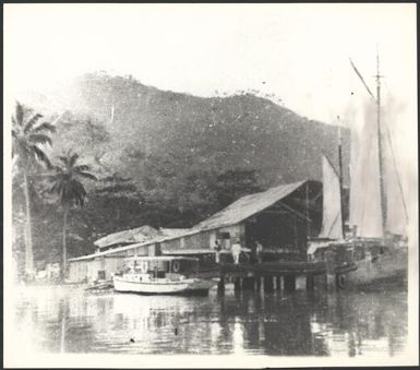 Schooner at wharf with palm trees in the background, Rabaul, New Guinea, ca. 1929 / Sarah Chinnery