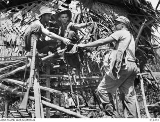 1943-07-31. ALLIED CAPTURE OF MUBO. PTE. DENNIS BUZZA, OF BRISBANE, CPL. K. CLAY, OF MELBOURNE, AND STAFF SERGEANT S.J. ACKSON, OF BEND, OREGON, SALVAGING JAP EQUIPMENT FROM A HUT IN A NATIVE ..