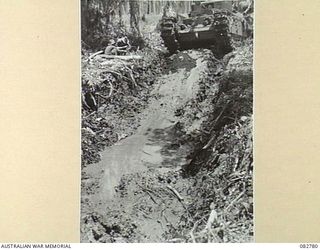 MADANG, NEW GUINEA. 1944-10. A CHURCHILL VII TANK BEING RECOVERED FROM A BOG DURING TESTS CONDUCTED AT HQ 4 ARMOURED BRIGADE