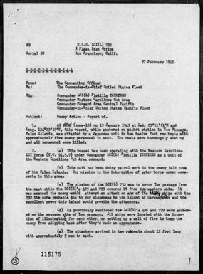 LCI(L)-732 - Rep of act in Yoo Passage, Palau Is, on 1/13/45