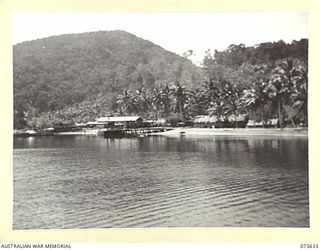 MILNE BAY, NEW GUINEA. 1944-05-16. THE 1ST WATER TRANSPORT GROUP, AUSTRALIAN ELECTRICAL AND MECHANICAL ENGINEERS. THE WORKSHOP BUILDINGS ON THE SHORE LINE, COMPRISE OFFICERS' QUARTERS, AND ORDERLY ..