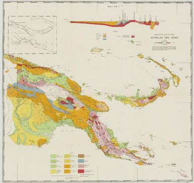 Geological sketch map of Australian New Guinea / reproduced by courtesy of Australian Petroleum Company Pty. Ltd., Island Exploration Company Pty. Ltd. and the Department of the Army, Commonwealth of Australia, from Geological sketch map of Eastern New Guinea issued by the Directorate of Research, Australian Military Forces