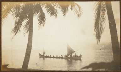 Fautasi (longboat) with sails. From the album: Samoa