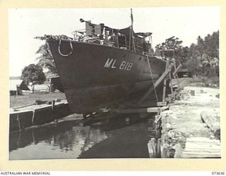MILNE BAY, NEW GUINEA. 1944-05-16. BALASANA NEAR KWIARA AT THE 1ST WATER TRANSPORT GROUP, AUSTRALIAN ELECTRICAL AND MECHANICAL ENGINEERS. HMA MOTOR LAUNCH 818 IS POSITIONED ON THE SLIP AWAITING ..