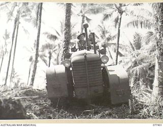 PALMALMAL PLANTATION, NEW BRITAIN. 1944-11-29. PERSONNEL OF THE 17TH FIELD COMPANY, 48TH DEPUTY COMMANDER ROYAL ENGINEERS (WORKS) OPERATING AN HD7 CATERPILLAR TRACTOR WHILE WORKING ON THE NEW UNIT ..