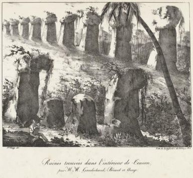 Ruines trouvees dans l'interieur de Tinian par MM. Gaudichaud, Berard et Arago / Jes. Arago del.; lith. de Langlume