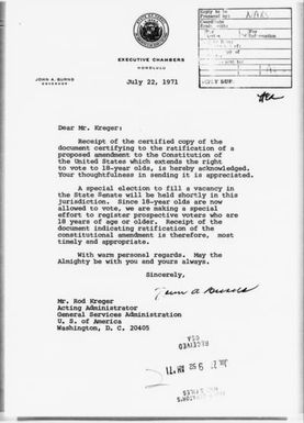 Amendment XXVI: Extending the Right to Vote to Citizens Eighteen Years of Age or Older, 1971 - State: Hawaii