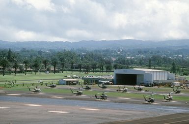 Hawaii Army National Guard helicopters are parked on the flight line during Exercise OPPORTUNE JOURNEY 85-3