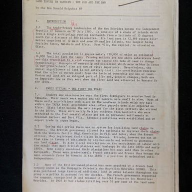 Land tenure in Vanuatu, the old and the new, by Hon Donald Kalpokas, MP