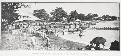 Animated scene on the beach at Apia during the regatta on June 3